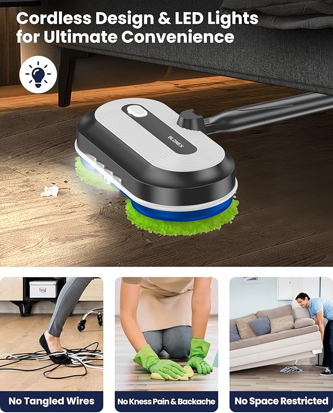 Cordless Electric Mop Electric Spin Floor Mop with LED Headlights &amp Water Sprayer Long-Lasting Battery Large 290ml Tank Self-Propelled Floor Cleaner with Adjustable Tube for All Floors
