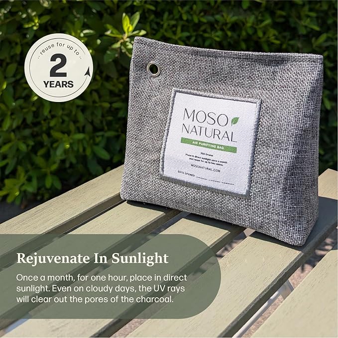 Moso Natural Air Purifying Bag 600g (21oz) Premium Bamboo Charcoal Odor Absorber | Room Deodorizer for Large Spaces Bedroom Kitchen Basement | Pet Odor Eliminator for Home | Unscented (5 Pack)