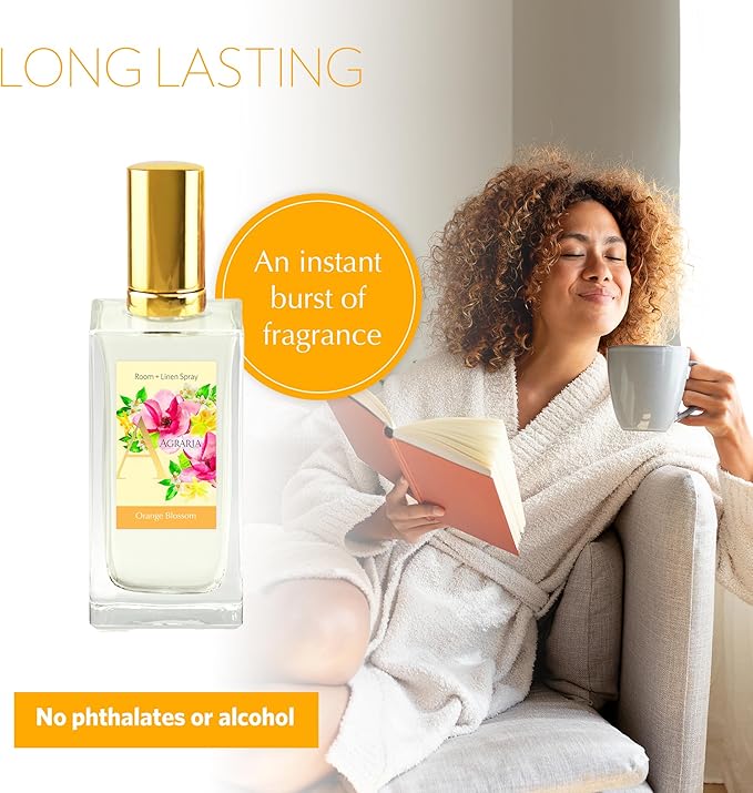 Agraria Orange Blossom Room and Linen Spray 3.4 Oz Fresh Citrus Room Spray Fabric Deodorizer for Bathroom Bed Sheets Car Interiors Closet
