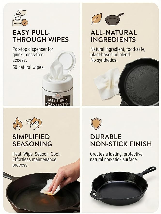 Cookware Care Cast Iron Seasoning Oil Wipes 50 Wipes Made in USA with Grapeseed Oil for Cast Iron Skillet Blackstone Griddle (1 pack)