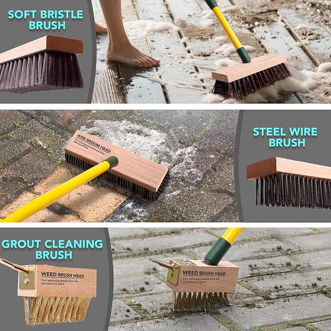 3-in-1 Wire Broom &amp Garden Brush Set – Adjustable 81-140cm Telescopic Handle with Nylon Wire and Gap Brushes for Weeding Moss &amp Algae Removal Patio Cleaning Outdoor Scrubbing