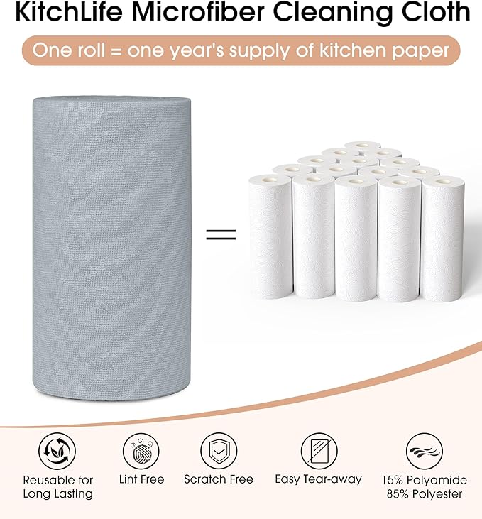 KitchLife Microfiber Cleaning Cloth Roll 100 Pack - Tear-Away Microfiber Paper Towels Lint-Free Reusable Washable for Kitchen Car Dishes and Sensitive Surfaces (Dark Gray)