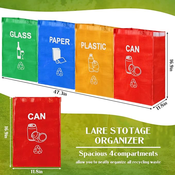 4 Pcs Recycling Bin Bags Separate Recycle Bin Waterproof Waste Baskets Recyclable Waste Trash Sorting Organizer for Home Office Kitchen Battery Can Paper Plastic and Glass
