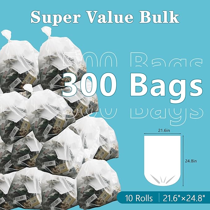 300 Count 7-9 Gallon Trash Bags 13 Micron Extra Thick 8 Gallon Medium Garbage Bags Unscented White Wastebasket Trash Can Liners for Bathroom Kitchen Home Office