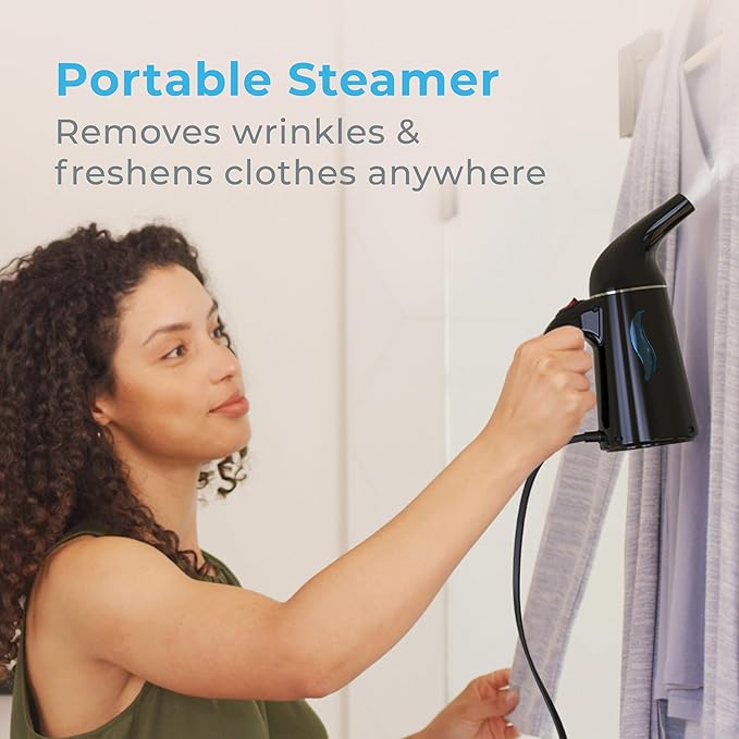 Pure Enrichment PureSteam Portable Fabric Steamer - Handheld Travel Garment Steamer Removes Wrinkles &amp is Safe on All Fabrics - Fast-Heating Lightweight Auto Safety Shut-Off &amp Long Cord (Bl