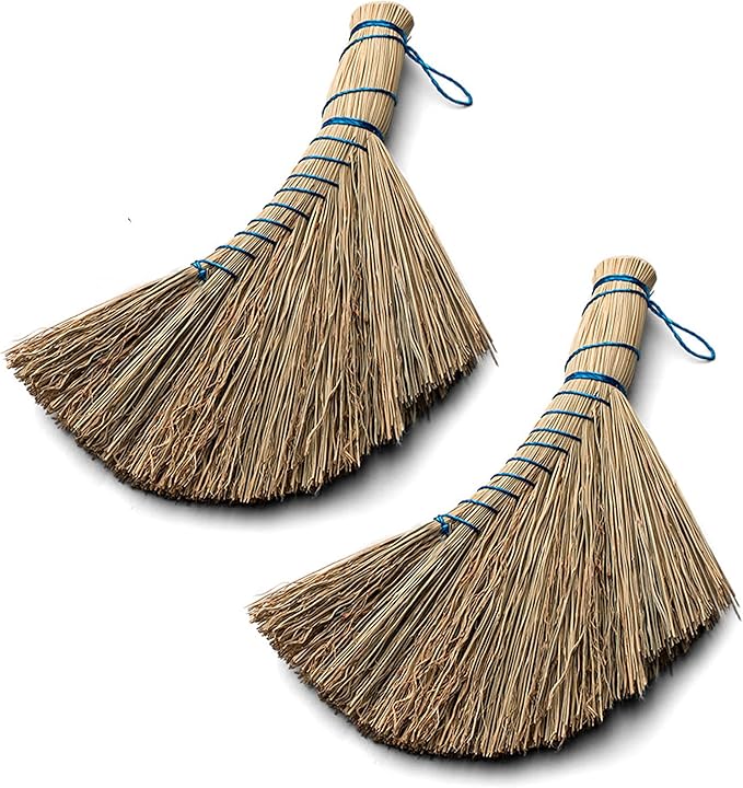 Set of 2 Natural Straw Whisk Brooms - 12.5 Inch Small Hand Broom Set with Ergonomic Shape for Multi-Surface Cleaning - Stiff Bristle Brushes for Indoor and Outdoor Use by Kings County Tools