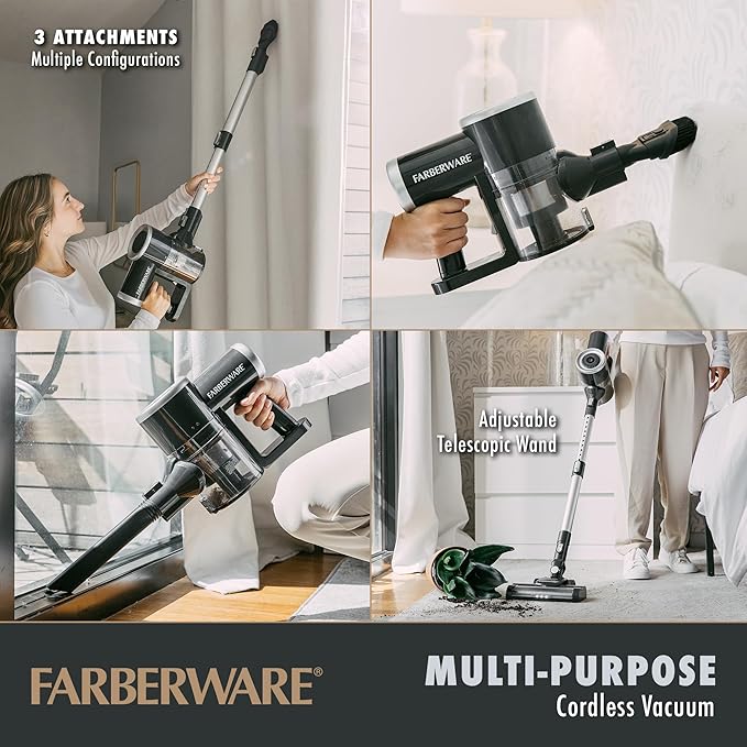 Farberware Cordless Pro Stick Vacuum Cleaner Powerful Suction with 2 Speeds for Carpet and Hard Floors Converts to Handheld Vacuum for Pet Hair