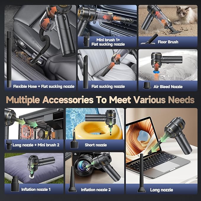 Car Vacuum Portable Cordless Foldable Handheld Vacuum with Brushless Motor 22000PA High Power Mini Hand Vacuum Cleaner &amp Air Blower &amp Duster &amp Pump for Home Pet Office