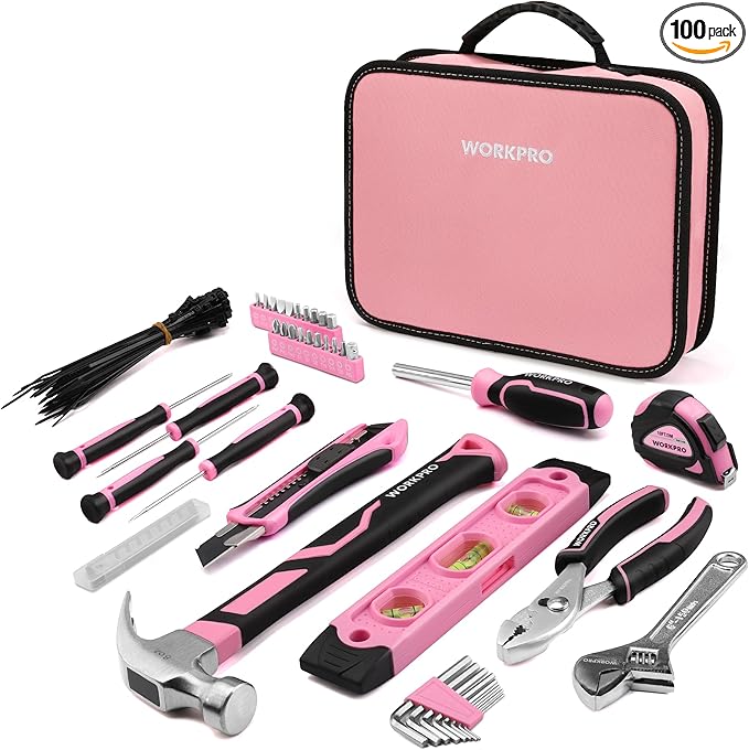 WORKPRO Pink Tool Set - 100 Pieces Pink Tool Kit with Easy Carrying Pouch Household Tool Kit for Home Apartment Office College Perfect for DIY Projects Home Maintenance - Pink Ribbon