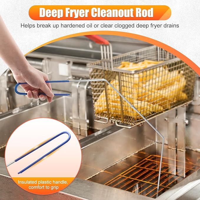 Fryer Cleaning Tools Set of 3 Stainless Steel Deep Fryer Basket Brush Long Handle L-Shaped Crevice Cleaning Brush and Cleanout Rod Kit for Kitchen Restaurant Electric Fryer Degreasing Scrubber Tool
