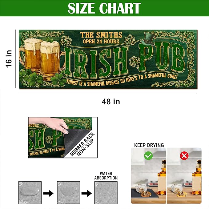 THUYPT Personalized Irish Bar Mat St Patrick's Day Decorations Kitchen Counter Irish Bar Dish Drying Mat Patrick's Lucky Shamrock Quick Drying Spill Mats (11)
