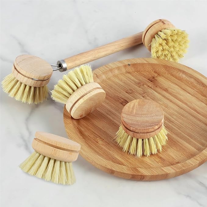 3/5Pcs Wooden Dish Brush Replaceable Long Handle Kitchen Cleaning Brush Set Natural Sisal Scrubbing Brush for Cleaning Pots Pan(4Pcs C)