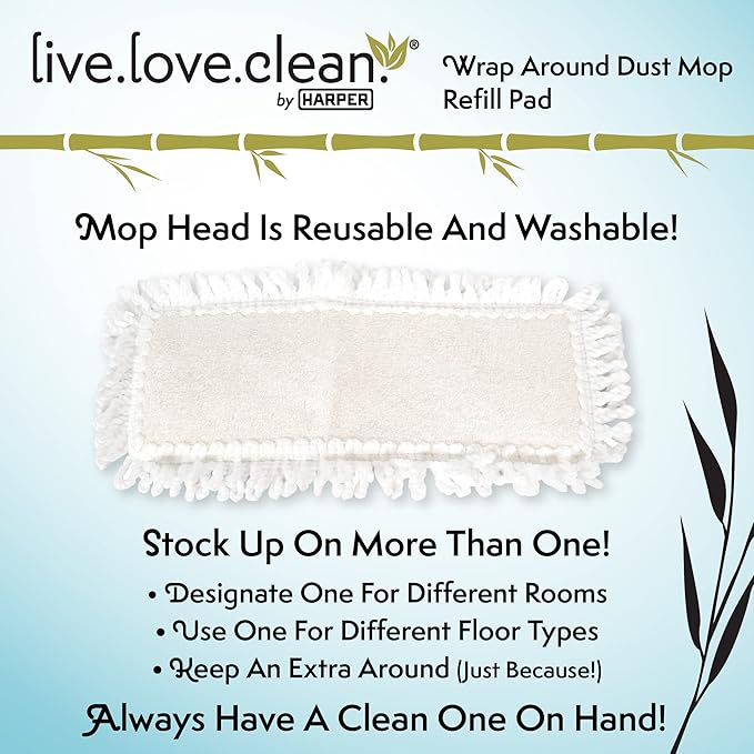 Harper Live.Love.Clean. Bamboo 2-in-1 Smooth Surface Wet/Dry Dust Mop with (2) Washable Wraparound Pads for Cleaning Dust Pet Hair &amp Fine Dry Dirt