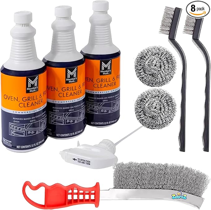 Heavy-Duty Oven Grill &amp Fryer Cleaner Kit – 3 Bottles (32 fl oz Each) + Trigger Sprayer + 2 Steel Sponges + 2 Wire Brushes + 1 Big Wire Brush – Commercial Grade Grease Remover