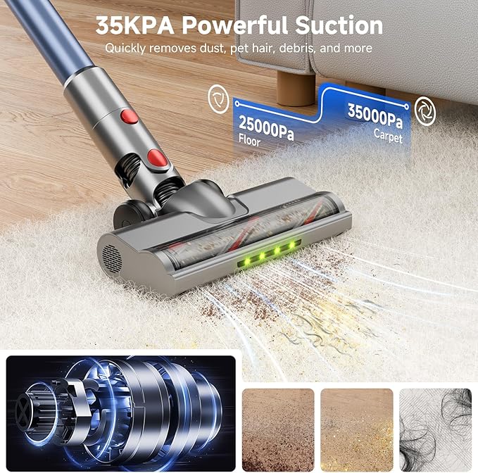Cordless Vacuum Cleaner for Home Powerful Stick Vacuum with Rechargeable Battery Green Light Anti-Tangle Brush 6-in-1 Lightweight Handheld Vacuum for Pet Hair Hard Floor Carpet Red