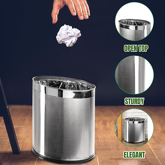 'Invisi-Overlap' Open Top Stainless Steel Trash Can Small Office Wastebasket Modern Home Décor Oval Shape