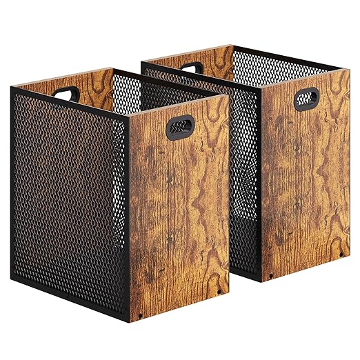 Retro Office Trash Can Iron and Wood Combination Bedroom Garbage Can Rectangular Design Wastebasket with Handle Industrial Style Trash Can for Home Office 11.02 X 7.87 X 11.81 4.5 Gallon (2)