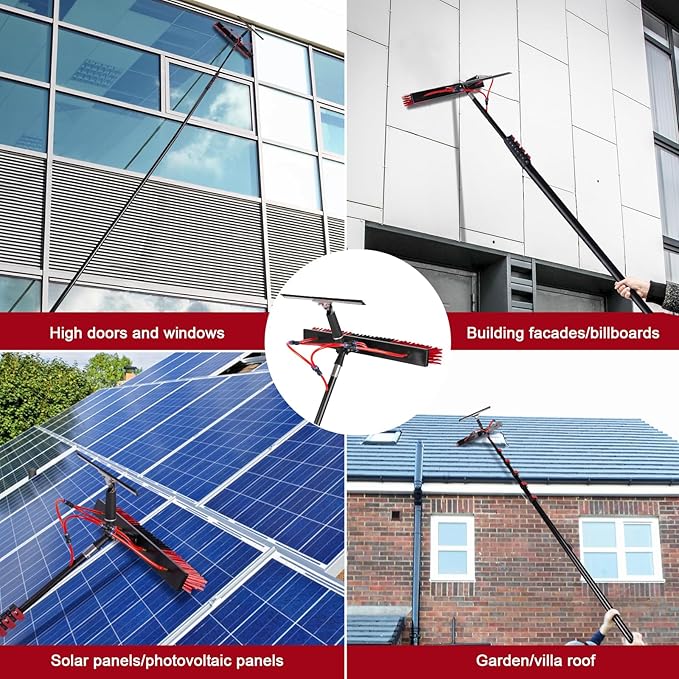 24FT Solar Panel Cleaning Brush &amp Squeegee Kit Proffesional Window Washing Tool 22in Wide Brush &amp 2 Dusting Brush Water Fed Pole Extendable Telescopic Pole for Roof Mounted Solar Panels
