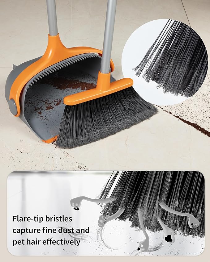 MR.SIGA Broom and Dustpan Set with Long Handle Stand Upright Broom with Dustpan Combo for Cleaning Office Garage Lobby Lightweight Sweeping Set 51.7(131 cm) Long Handle Gray &amp Orange