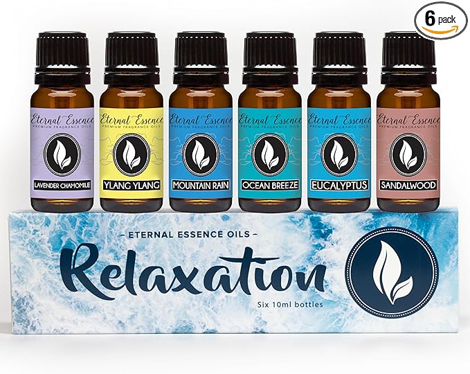 Eternal Essence Oils Relaxation Set of 6 Premium Fragrance Oils - Includes Lavender Chamomile Ylang Ylang Mountain Rain Ocean Breeze Eucalyptus and Sandalwood Scented Oils - 10ML