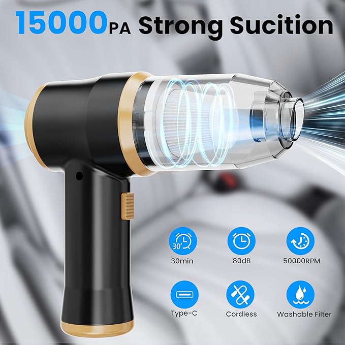 Mini Car Vacuum 15000Pa Portable Cordless Handheld Vacuum Cleaner and Air Duster with 2 Filter for Car Sofa Office Pet Home
