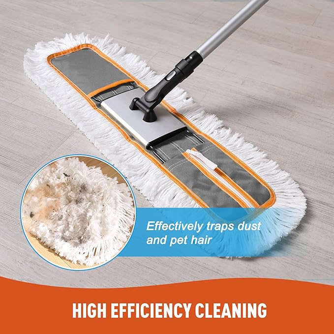24 Commercial Dust Mop for Floor Cleaning Heavy Duty Sweeper Broom with 2 Microfiber Mop Pads Wet and Dry Duster Sweeper Broom for Marble Laminate Hardwood Floor Cleaning Grey