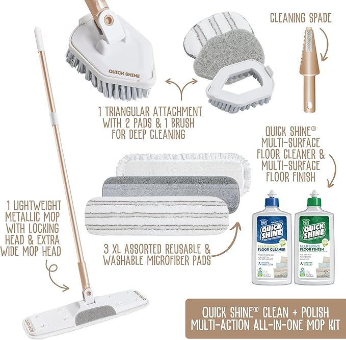 Quick Shine Ultimate Gold Clean + Polish Mop Kit | All-in-One 11 Pc Kit w/Interchangeable Attachments | Cleaner &amp Polish Included | No Batteries Needed | All Floors Pro Cleaning System | 2-in-1 Mo