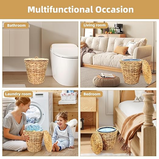 3 Gallons Wicker Waste Basket Can with Lid &amp Liner Handwoven Wastebasket Wastepaper Basket with 60Pcs Bag Wicker Trash Garbage Rubbish Can Bin Basket for Bedroom Bathroom Office Kitchen