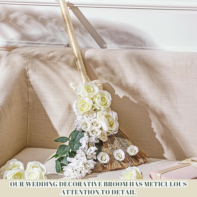 Yungyan Wedding Brooms for Jumping Ceremony Bride Bridegroom DIY Whisk Brooms 11.81 x 25.2 in with Ribbons Artificial Pearl Eucalyptus Leaves Roses Delphinium for Wedding Ceremony Craft