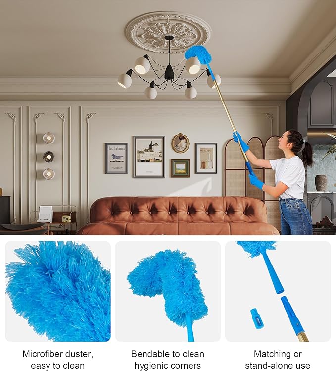 2 in 1 Window Squeegee Cleaning Kit with Aluminum Alloy Extension Poles Scrubber Glass Scrapper Bendable Duster2 Scrubber Cloth for Window Car Floor Home Garden