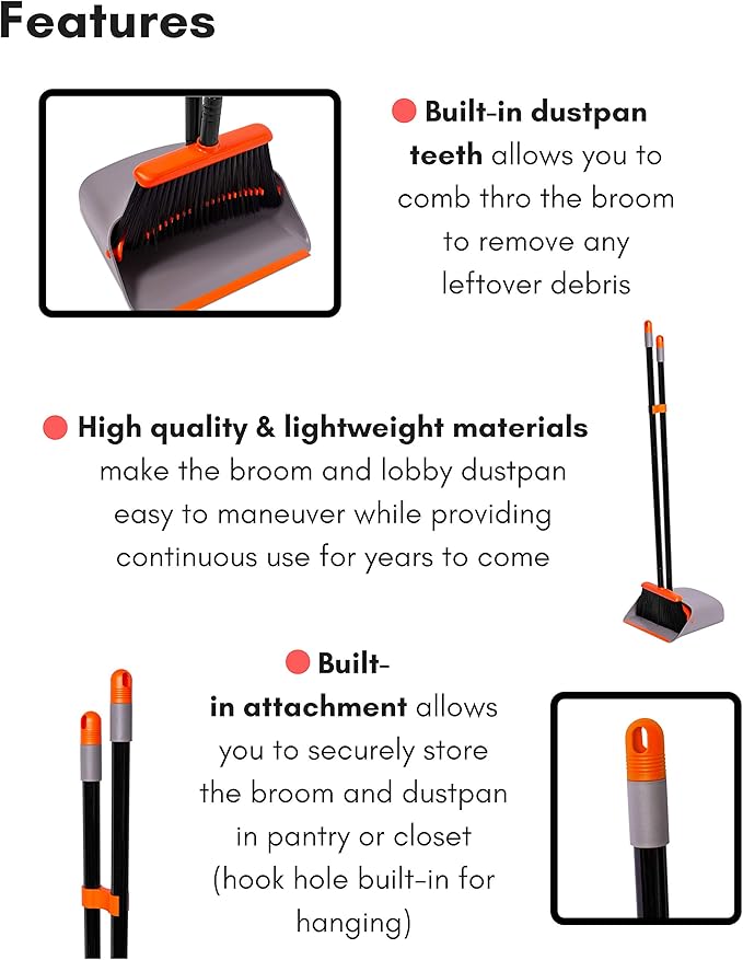 BirdRock Home Broom and Dustpan Set - Lobby Dust Pan - Orange and Grey Durable Set - Indoor or Outdoor - Sweep Combo Great for Kitchen Home Garage and Office - Clip On Self Cleaning Bristles