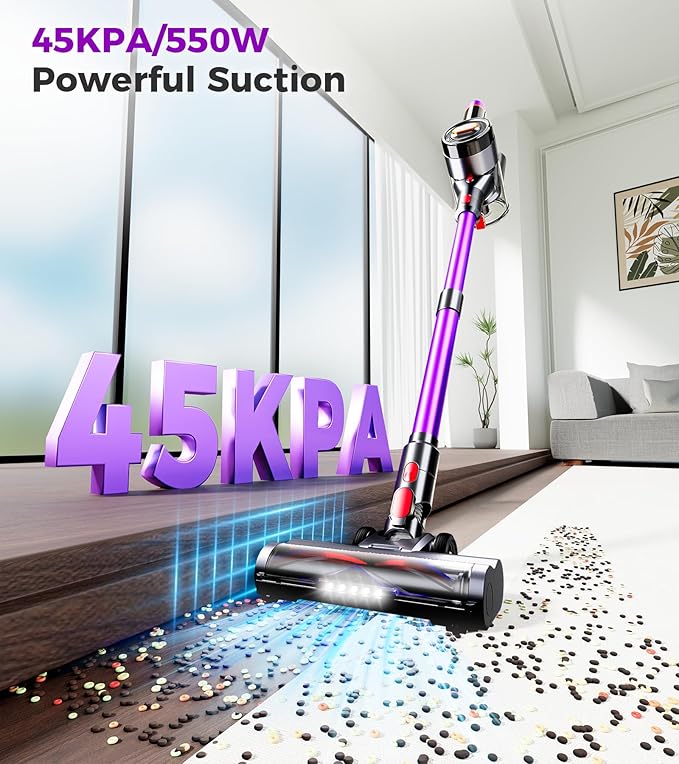 Cordless Vacuum Cleaner 550W 45Kpa Vacuum Cleaners for Home 60Mins Cordless Stick Vacuum with LED Display Self-Standing &amp Anti-Tangle 8-in-1 Wireless Vacuum for Carpet Pet Hair Hardfloor