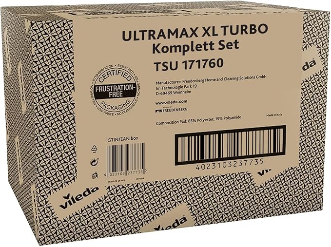 Vileda Ultramax Turbo XL Set XL Floor Mop with Telescopic Handle for Large Surfaces Microfibre Mop Cover Bucket with Spinner for All Hard Floors Love It Clean Eco Packaging