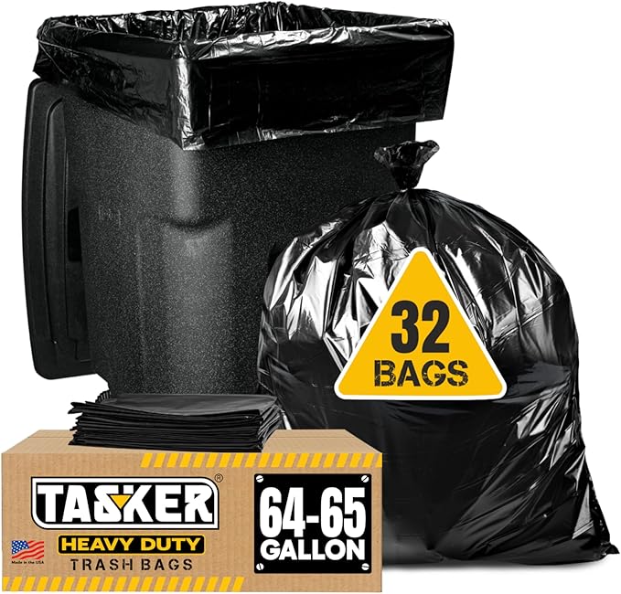 Tasker 65 Gallon Trash Bags for Toter (Value-Pack 32 Count w/Ties) Heavy Duty Extra Large Garbage Bags for 64-65 Gallon Outdoor Trash Cans Yard Waste and Lawn Debris