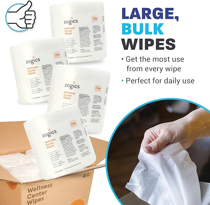 Zogics Wellness Center Cleaning Wipes – Gym Equipment Wipes for Cleaning Surfaces and Equipment Durable and Safe Pre-Saturated (4600 Count 4 Rolls of 1150)