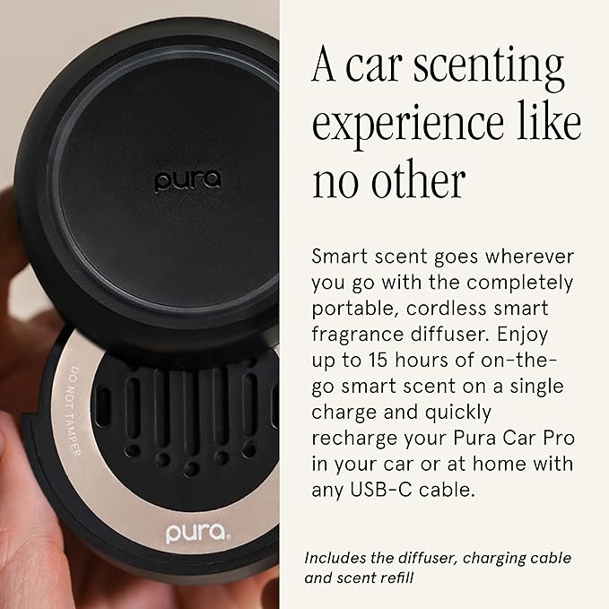 Pura Car Pro Set - Smart Fragrance Diffusion - Rechargeable &amp Cordless Smart Fragrance Diffusion - Automatic Start &amp Stop Accelerometer Detects Motion - Includes New Car Fragrance