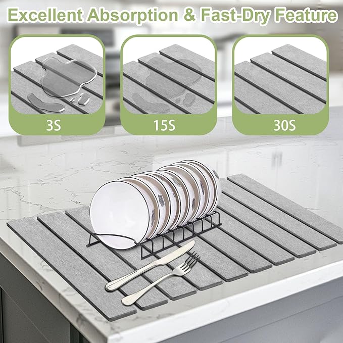 Grey Stone Drying Mat for Kitchen Counter Foldable 24 x 16 Diatomaceous Earth Dish Drying Mat Quick-Dry and Absorbent Mat for Dishes Bottles Cups Bathroom or Countertops