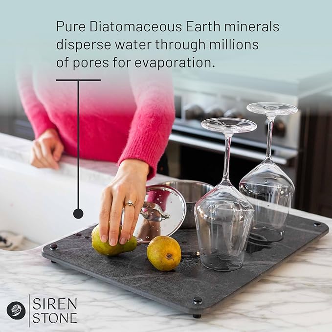 LARGE Siren Stone Natural Dish Drying Mat for Kitchen Counter - Premium Diatomaceous Earth Mat | Quick Drying Super Absorbent | Non-Toxic BPA-Free Eco-Friendly | Female-Founded USA Brand (18x14)