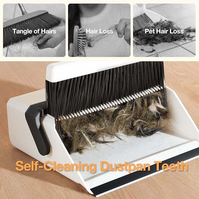 Broom with Dustpan Combo SetUOEOS One-Sweep CleanPet Hair Removal Broom with Self-Cleaning Double-Layer TeethHigh Density Broom and Windproof Dustpan for Indoor&ampOutdoor