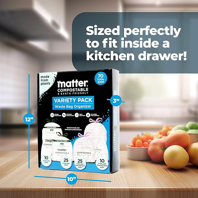 Matter Compostable Variety Pack 3 Gallon and 13 Gallon Kitchen Trash Bags with Drawstring Unscented Durable Leak-Resistant Eco-Friendly 70 Count