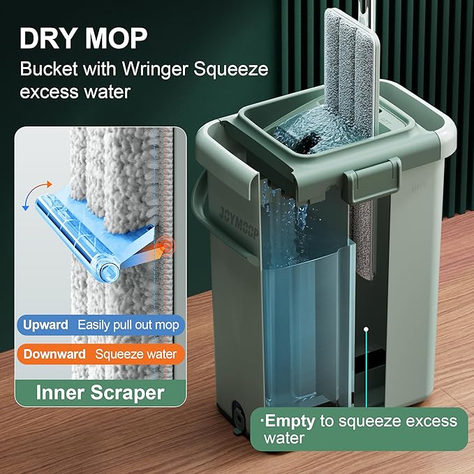 JOYMOOP Mop and Bucket with Wringer Set for Floor Cleaning and Wall Cleaner Flat Mop and Bucket System Set with 2 Mops and 8 Large Microfiber Pads - Green
