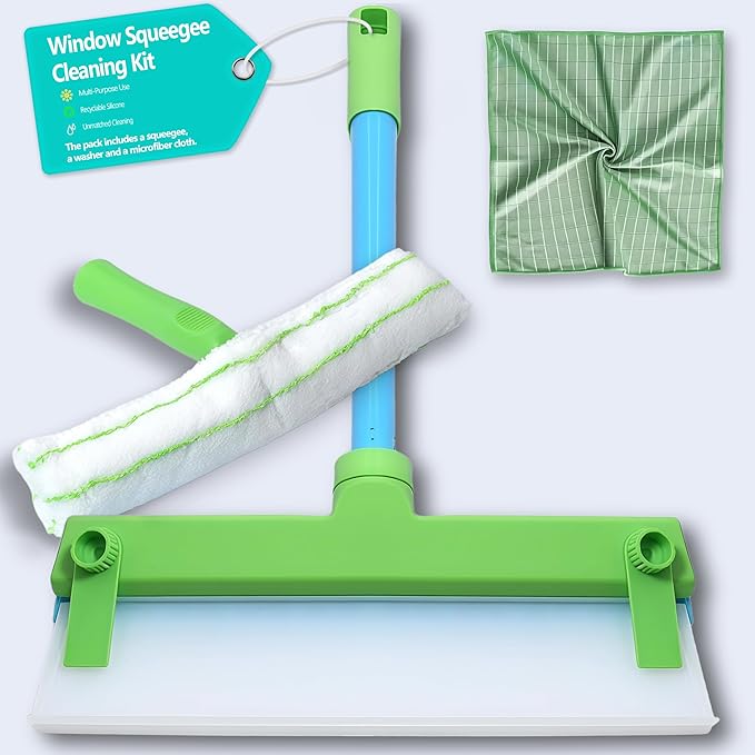 Silicone Window Squeegee KitWindow Cleaning KitRecyclable Silicone Window Squeegee Kit with Washer and Microfiber Cloth(Green)
