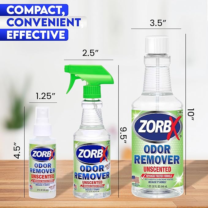 ZORBX Unscented Multipurpose Odor Eliminator 3 items Bundle: 2 Oz + 16 Oz + 32 Oz - Used in Hospitals &amp Healthcare Facilities - Advanced Trusted Formula - Perfect Bundle to Get Rid of Unpleasant O