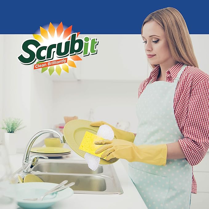 SCRUBIT 48 Pack Heavy Duty Scrub Sponges - Dishwashing Sponge Along with A Tough Scouring Pad - Dual Sided Dish Sponge Ideal for Cleaning Kitchen Dishes Bathroom - Yellow - Bulk sponges