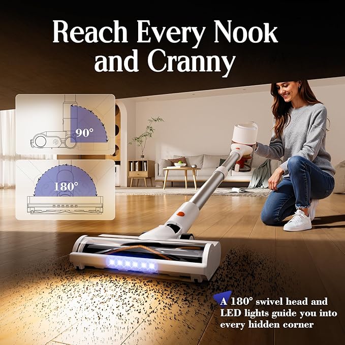 Cordless Vacuum Cleaner Stick Vac with LED Touch Screen 45KPA Powerful Suction Up to 60 Mins Runtime 7-Stage HEPA Filter V-shaped Anti-Tangle Brush (Renewed)