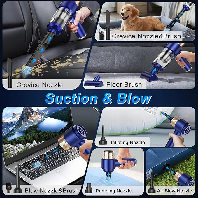 Mini Vacuum Cleaner 15000PA Car Vacuum Cleaner Portable Cordless with LED Light 4 in 1 Air Duster and Handheld Small Vacuum Rechargeable for Car Home Office Pet（Blue）