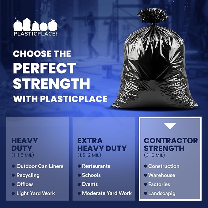 Plasticplace Contractor Trash Bags 40-45 Gallon │ 3.0 Mil │ Black Heavy Duty Garbage Bag │ 40” x 48” (50 Count)