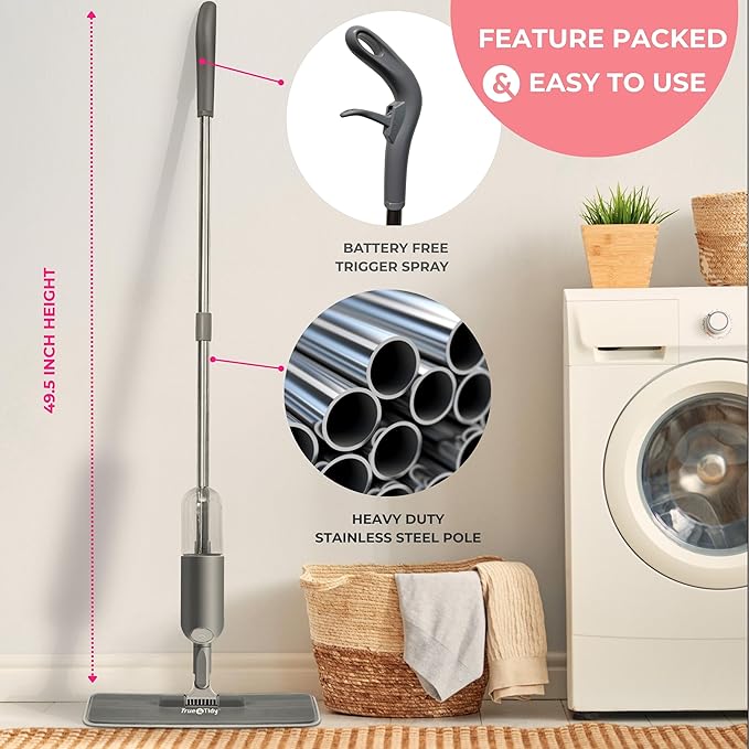 True &amp Tidy® SPRAY-250A Multi-Surface Spray Mop with Refillable Water Bottle Use Any Cleaning Solution Easy to Fill and Refill with Machine Washable Mop Pad (Gray)