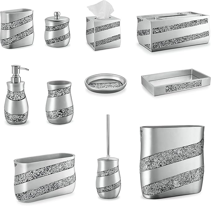 Creative Scents Silver Mosaic Toilet Brush and Holder Set - Toilet Bowl Brush and Holder Sturdy Toilet Cleaner Brush with Stainless Steel Handle Bathroom Toilet Scrubber Brush with Decorative Holder