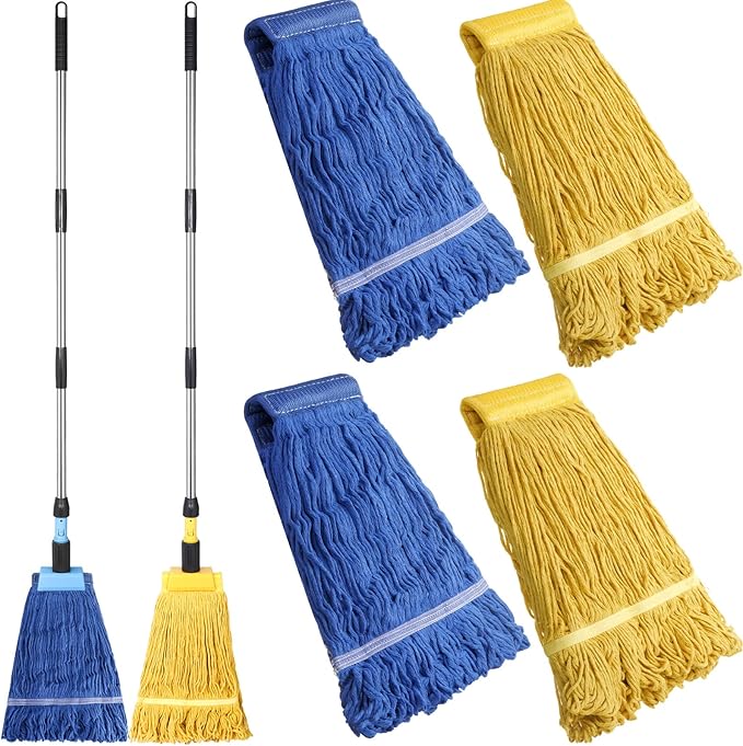 Gejoy 2 Sets Looped End Commercial Mop Heavy Duty Industrial Mop with 4 Mop Replacement Heads Stainless Steel Pole Iron Clamp Cotton Mops for Floor Cleaning Dust Wood Floor Kitchen Blue Yellow